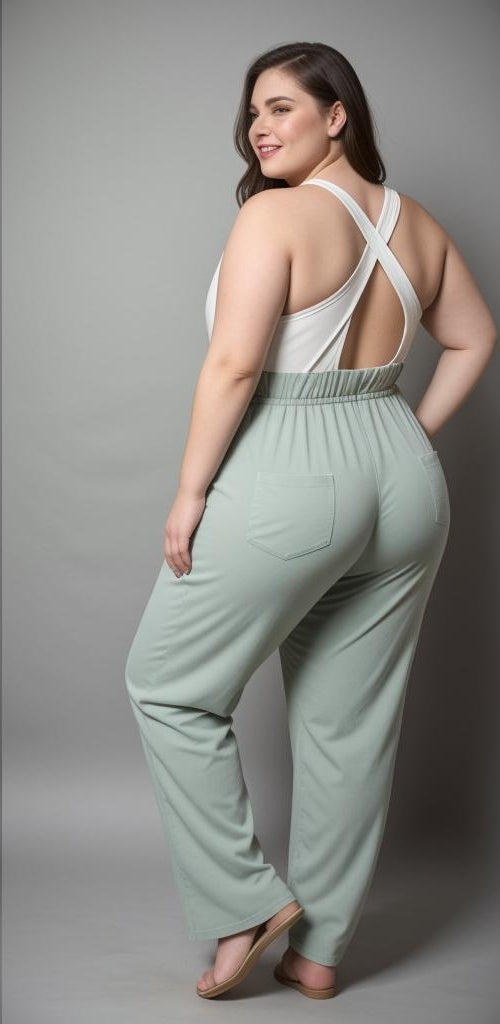 Ruka Joes Sage Green Wide-Leg Jumpsuit with Crisscross Back