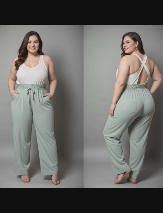Ruka Joes Sage Green Wide-Leg Jumpsuit with Crisscross Back